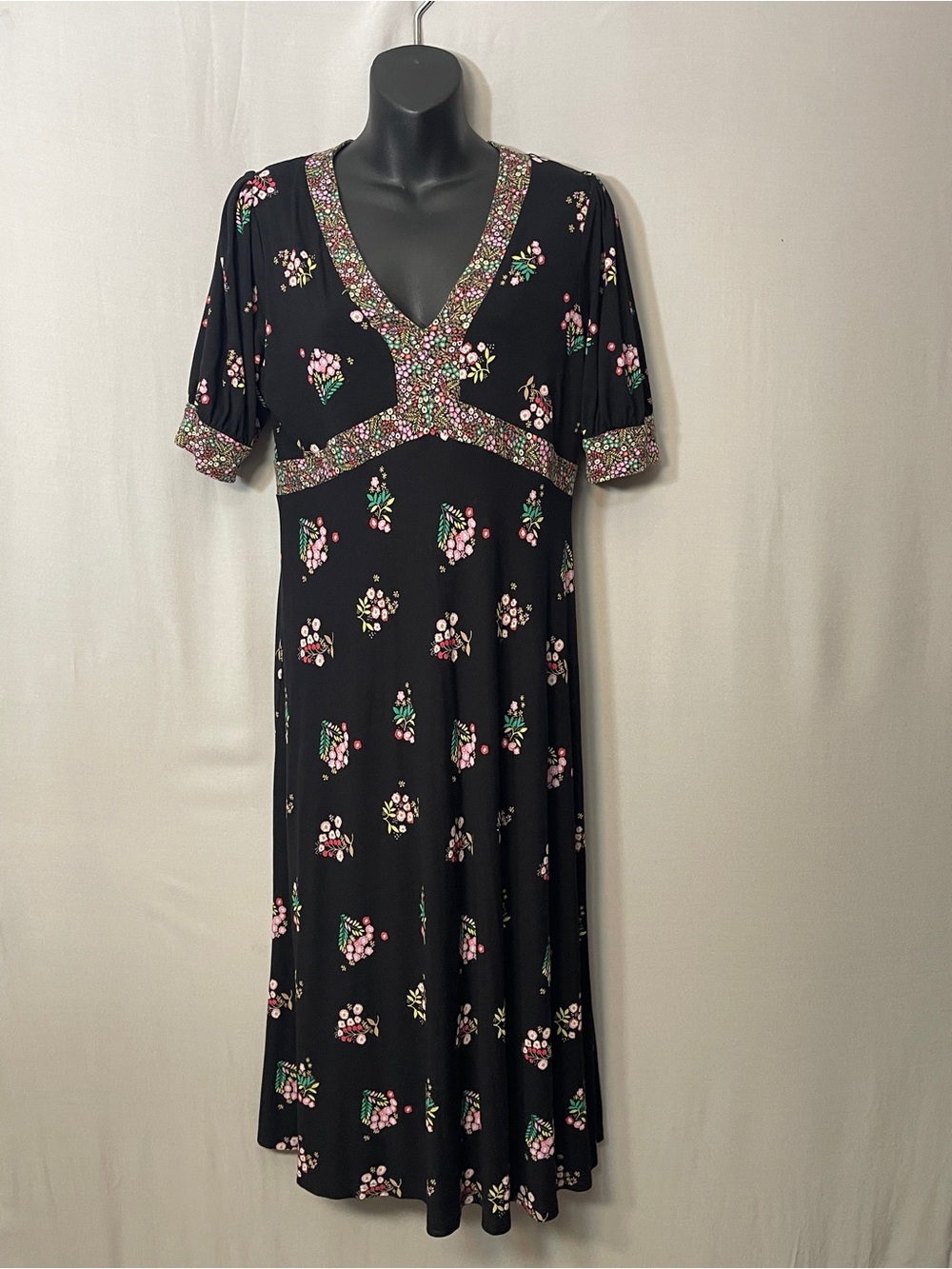 Boden US 10P Black Pink Green Floral V-Neck Short Sleeve Midi A-Line Dress